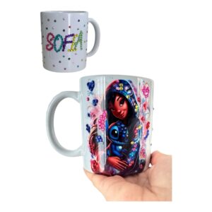 Kubek z dziewczynką i niebieskim stworkiem, zdobiony cyrkoniami